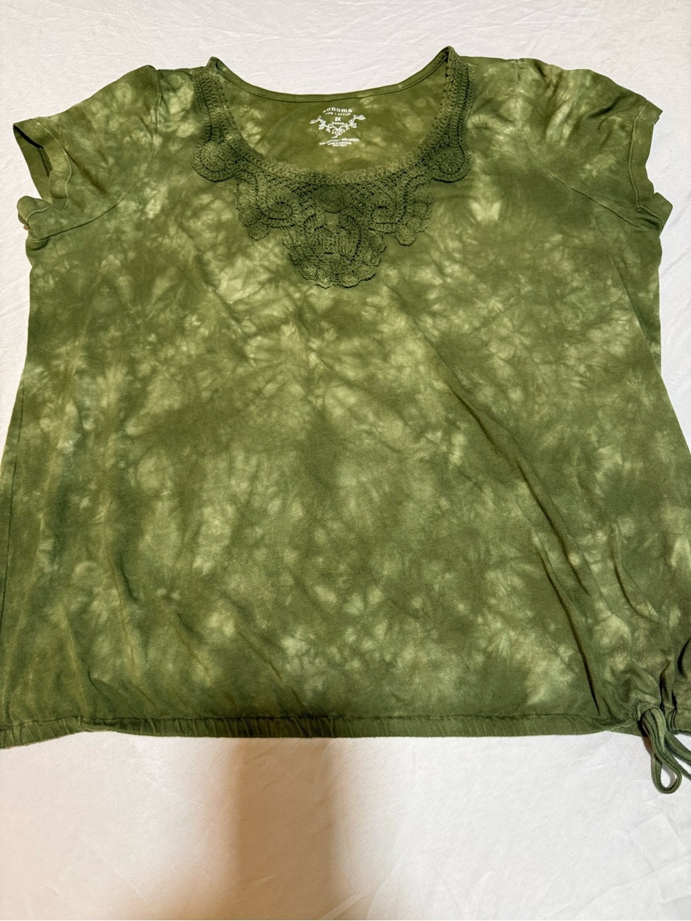 Sonoma Olive Green Tie-Dye Crochet Scoop Neck Short Sleeve Top